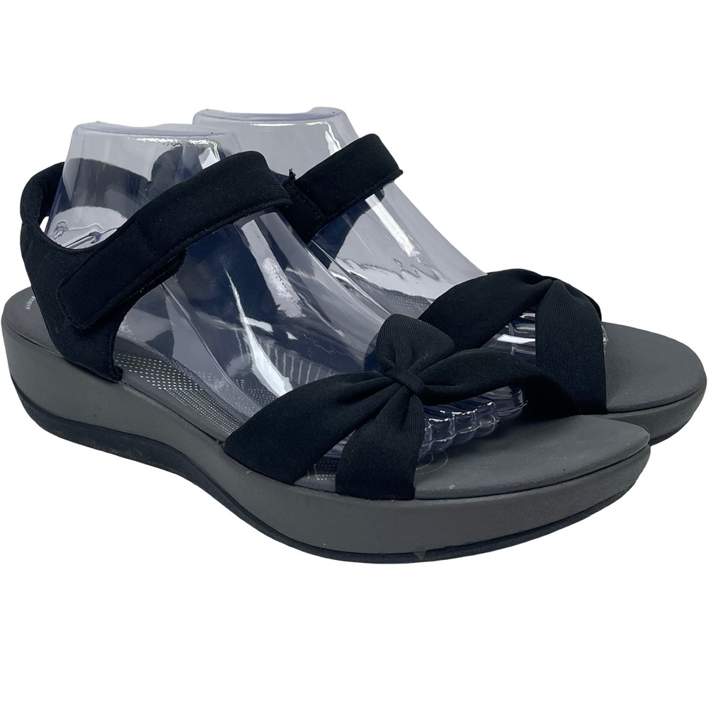 Clarks Cloudsteppers Arla Shore Women 11 Black Bow Strappy Wedge Sandals Comfort